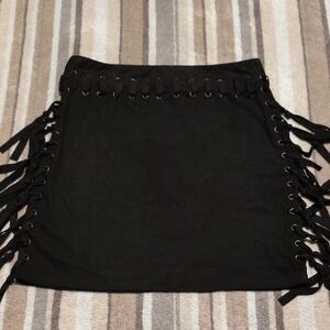 Microsuede Black Fringe Mini Skirt.